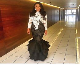 Mermaid White and Black Evening Dresses Long Sleeve Appliques Lace Ruffles Tiered Skirt Fashion Formal Party Gowns Custom Size4432206