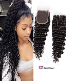 Malaysian Virgin Hair 5 By 5 Lace Closure Middle Three Part Deep Wave Curly Five By Five Top Closures8017465
