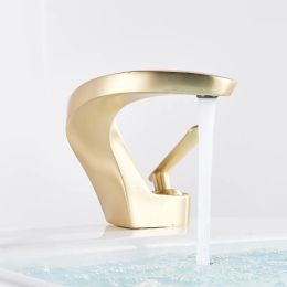Rozin Basin Faucets Brushed Gold Modern Bathroom Mixer Faucet Brass Deck Mount Simple Design Sink Crane Cold Hot Water Mixer Tap