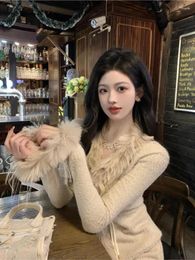 Work Dresses Autumn Winter Korean Style Elegant Lazy Horn Button Plush Slim Long Sleeve Top High Waist Hip Skirt Suit