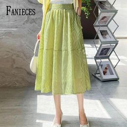 Skirts FANIECES Pocket A-line Women Skirt Elastic High Waist Mid-Length Elegant Jacquard Gauze Fashion Streetwear Ropa De Mujer