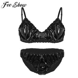 Sexy Mens Wetlook Faux Leather Ruffled Lingerie Set Gay Sissy Latex Bra Tops With Bikini Briefs Underwear Male Panties187F