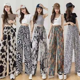 Ink Painting Tie Dye Pants for Women in Summer Thin Print Straight Tube Casual Cool Ice Silk Wide Leg