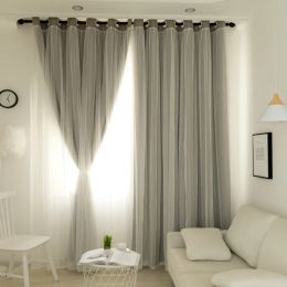 Double Layer Gray Full Blackout Curtains Super Thick Insulated Blackout Draperies For Living Room Bedroom Window Lace Curtain