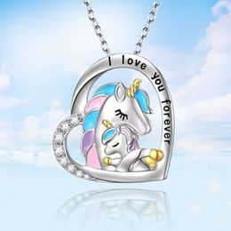 New Creative Unicorn with Cute Heart Shaped Pony Love Water Diamond Pendant Necklace