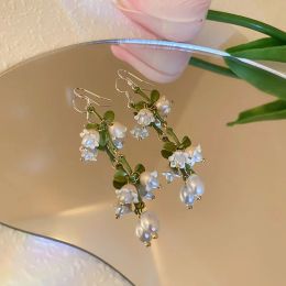 New Design Lily of The Valley Pearl Green Ear Hook for Women Long Statement Earrings Boutique Jewelry Party Wedding Date Gift