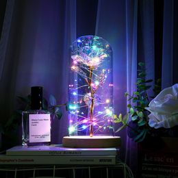 Enchanted Forever Rose Flower Gold Foil Rose Flower LED Light Artificial Flowers In Glass Dome Party Decorations Gift For Girls Y1191B