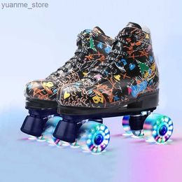 Inline Roller Skates Flashing Roller Skate 4 Wheels Shoes Professional Skates Doodle Printed Double Row Roller Shoes Sliding Sport Sneaker Footwear Y240410