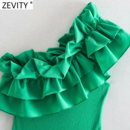 Zevity 2021 Women Sexy Pleat Ruffles Single Shoulder Green Asymmetric Slim Bodysuits Ladies Summer Chic Knitting Rompers LS9697