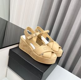 High Quality Designer Women Leather C Sandals Platform Shoes Heel Buckle Sandals Channel Slipper Ankle Strap Shoes dhdffdg