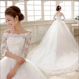 Elegant 2024 White Lace Wedding Dresses Boat Neck 3/4 Sleeves A-line Sweep Train Lace-up Plus Size Bridal Wedding Gowns