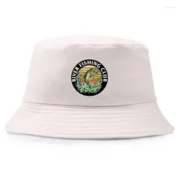 Berets Summer River Fishing Club Printed Bucket Hat Man Outdoor Fisherman Cap Adult Daily Beach Panama Hats Reversible Cool Caps