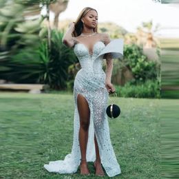 Party Dresses Illusion Sequined Lace Prom ISee Through High Slit Mermaid Evening Gowns Aso Ebi African Wedding Reception Dress
