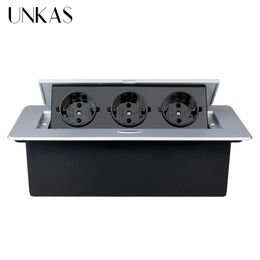 UNKAS Desktop Socket Table Outlet 2 3 DE EU FR Socket With USB Charging Slow Pop Up Black Silver Aluminium Alloy Cover