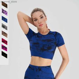 Yoga Outfits Seamless Embroidery Tie Dye Yoga T-Shirts for Women Breathable Elastic Slim Fit Short Sleeve Sport Crop Tank Top Gym Fitness Tee Y240410