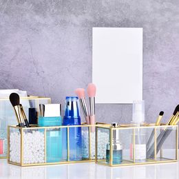 Hot Sale Nordic Transparent Painting Grid Glass Storage Tank Box Luxury Modern Cosmetics Storage Container Makeup Brush Storage