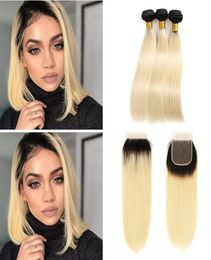 Ombre Honey Blonde Brazilian Virgin Hair 3 Bundles With 4x4 Lace Closure 1B613 Ombre Straight Human Hair Weave With Closure9180749