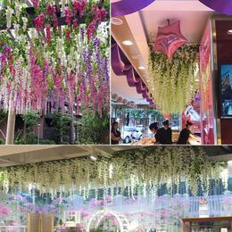 1.85M Wisteria Artificial Flowers Vine Garland Wedding Arch Decor Fake Plant Silk Leaf Vines For Home Garden Decor