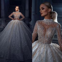 Sparkly Ball Wedding Dress High Collar Long Sleeves Bridal Gown Appliques Sequins Sweep Train Dresses Custom Made vestidos de novia