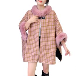 Women Faux Wool Fur Collar Printed Plaid Cardigan Winter Warm Thick Long Batwing Sleeves Poncho Ladies Oversize Hairy Coat