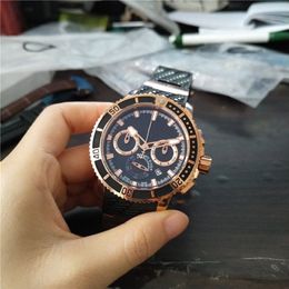 Top sell man watch Black face Stainless Steel Quartz movement mens wrist watch Stopwatch Rubber strap UN14246m