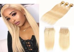 Straight 613 Blonde Pure Colored Human Hair 3 Bundles With 4x4 Part Lace Closure High Quality 613 Blonde Hair Extensions 109884745