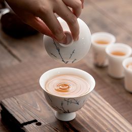 130ml Hand Painted Plum Blossom Art Ceramic Tea Tureen Covered Bowl Single Tea Gaiwan Household Kung Fu Teaware Set Tea Ceremony