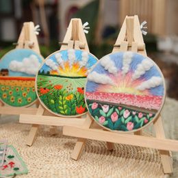 3D Flower Landscape DIY Embroidery Kits Embroidery Stitching Art Needlework Cross Stitch Embroidery with Hoop Home Decoration