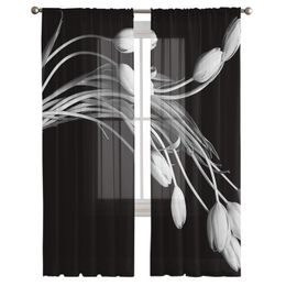 Flower White Tulip Black Tulle Curtains For Living Room Bedroom Transparent Tulle Curtains Window Drapes Sheer Curtain