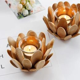 Candle Holders Rustic Wooden Lotus Petal Holder With Glass Cups Portable Homemade Candlestick For Home Decoration