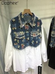 Women's Jackets European Goods Heavy Industry Beads Shirt Women Spring Autumn Loose Mid-Length Stitching Denim Blue Casual Cartoon Top