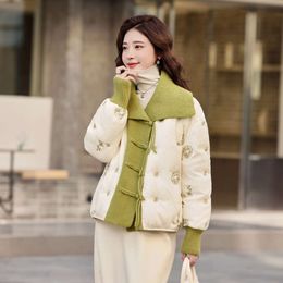 Chinese Style Button Embroidered for Women's 2023 Winter Wear, New Temperament Knitted Patchwork White Duck Down Jacket