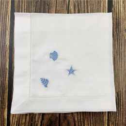 Dinner Napkins 20"x20"-inch White Hemstitch Linen Table Napkins Embroidery Blue Neptune/Conch/shell Tea Napkins