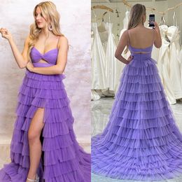 Lilac Cut-Out Prom Dress Pleat Ruffle Tulle Pageant Winter Formal Event Evening Party Runway Black-Tie Gala Hoco Gown Wedding Guest Bridesmaid Baby Shower High Waist
