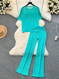 Women's Two Piece Pants SINGREINY Casual Loose Knitted Sets O Neck Short Sleeves Tops Wide Legs Drawstring Long Women Solid Summer Sporty