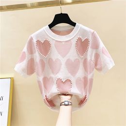 2022 Summer Loose Love Jacquard Beaded Short Sleeve Knitted T-shirts Women Design All-match Pink Blue Tops