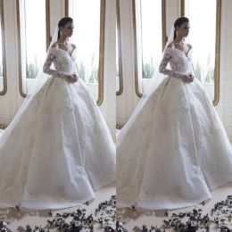 Ziad Nakad 2024 Wedding Dresses Off The Shoulder V-Neck Sexy Long Sleeves Lace Ball Gown Robe De Mariee Sequined Wedding Gowns
