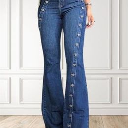 Women Fashion Plain Button Decor Flare Leg Long Denim Pants Jeans Ladies High Waist Skinny bottom Wide 240402