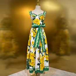 European fashion brand cotton yellow rose printed gathered waist slip midii dress