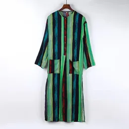 Ethnic Clothing Middle Eastern Muslim Long Sleeve Arab Men Costume Cardigan Striped Print Dubai Kaftans With Pocket Spring Autumn Abaya