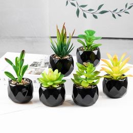 Black Ceramic Potted Mini Artificial Green Succulents Plant Bonsai Set Fake Flower With Vase Home Balcony Decor Desktop Ornament