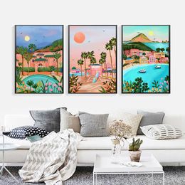Barcelona Miami Florida Greece French Riviera Travel Poster Watercolour Wall Art Canvas Painting Tourism City Picture Home Decor