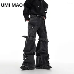 Men's Jeans UMI MAO Mens's Baggy Washed Multi Pocket Jean Overalls Strap Design Wide Leg Workwear Denim Pants 2024 Darkwear