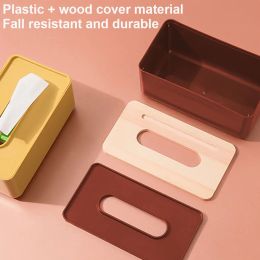 1pcs Tissue Box Holder Household Wooden Cover Paper Container Napkin Storage Case Phone Bracket Slot Design for Living Room