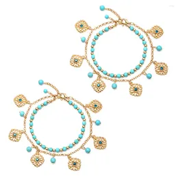 Charm Bracelets 2 Sets/4PCS Sandals Two-Layer Anklets Beach Foot Chains Alloy Turquoise Vintage Miss