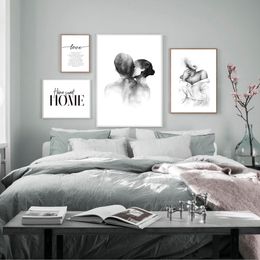 Nordic Black White Shoulder Kiss Hand Wall Art Canvas Poster Minimalist Print Love Quotes Painting Picture for Living Room Decor