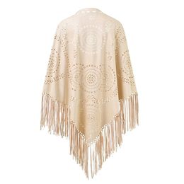Women's Loose Suede Fringe Open Poncho Cloak Shawl Wrap with Punch Hole Patterns and Graceful Fringes Dropshipping