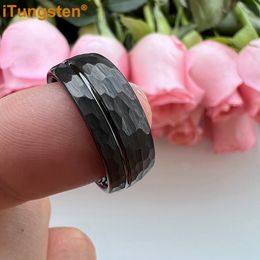 iTungsten 8mm Men Women Tungsten Hammer Ring Domed Wedding Band Trendy Jewelry Offset Line Comfort Fit