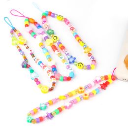 2021 New 15.5cm Colorful Smiling Beads Mobile Phone Strap Lanyard Pearl Soft Pottery Rope Phone Chain Anti-lost Handmade Lanyard
