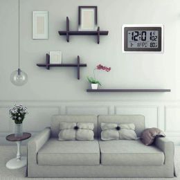 Atomic Digital Wall Clock, Large Lcd Display, Battery Operated, Indoor Temperature, Calendar, Table Standing, Snooze Without B